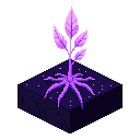 A small glowing violet sapling above wide glowing roots